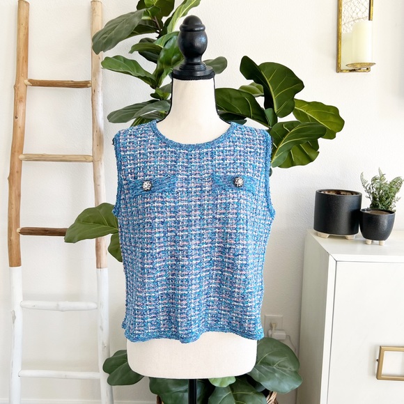 Zara Tops - Zara Blue & Pink Sleeveless Embellished Tweed Top